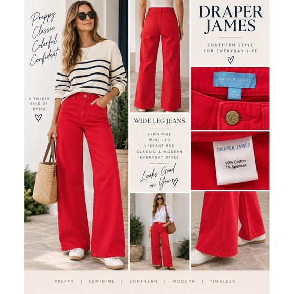 Draper James Pants - Draper James 12 Red Wide Leg Jeans High Rise Statement Denim Preppy